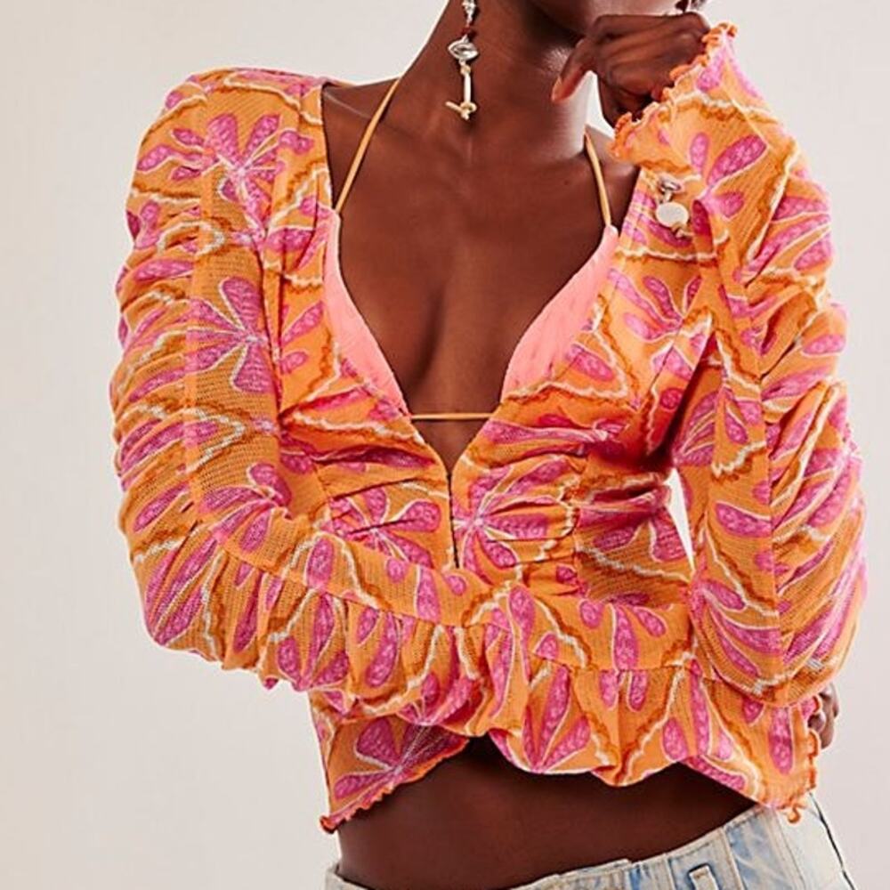 NEW Free People Through The Meadow Grapefruit Seltzer Orange Ruched Retro Top